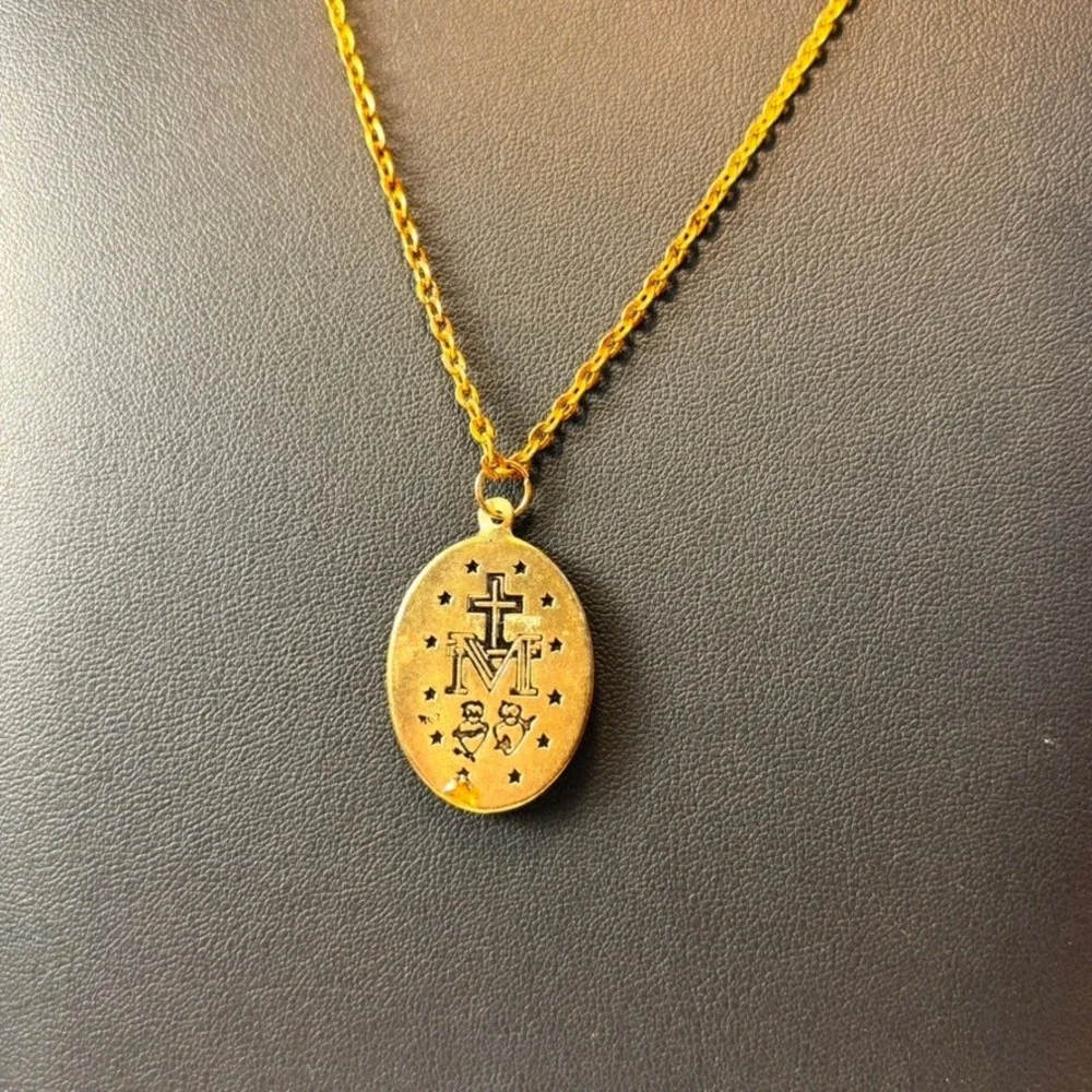 Vintage Miraculous Medal Necklace Gold Yellow Resin Religious Catholic Statement